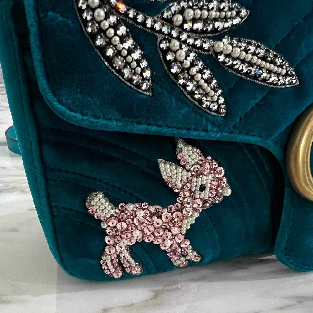 Gucci Marmont Teal Velvet Embellished Limited Editiom Bag Chain Deer - Picture 7 of 13